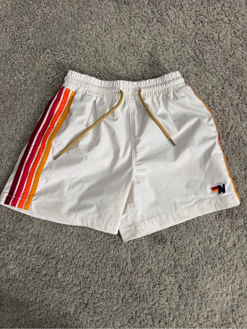 Aviator Nation White Swim Trunks with Red, Orange & Yellow Stripes